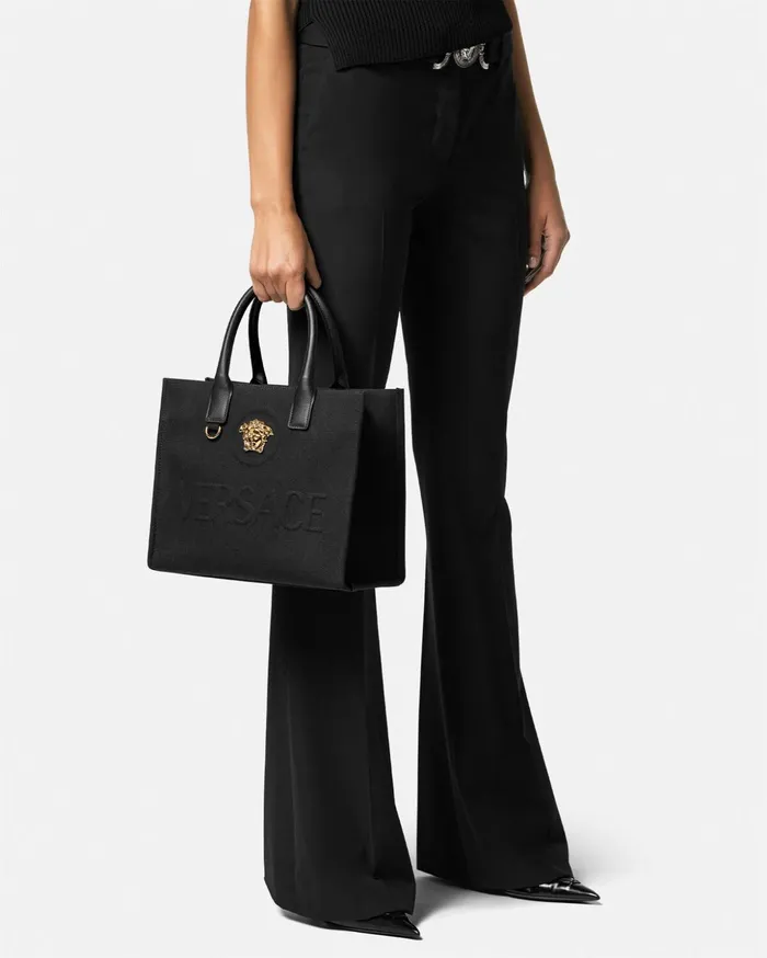 Versace Totes Women La Medusa Canvas Small Tote Bag Blackgold