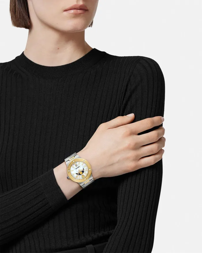 Versace Watches Women Greca Logo Moonphase Diamond Watch Silvergold