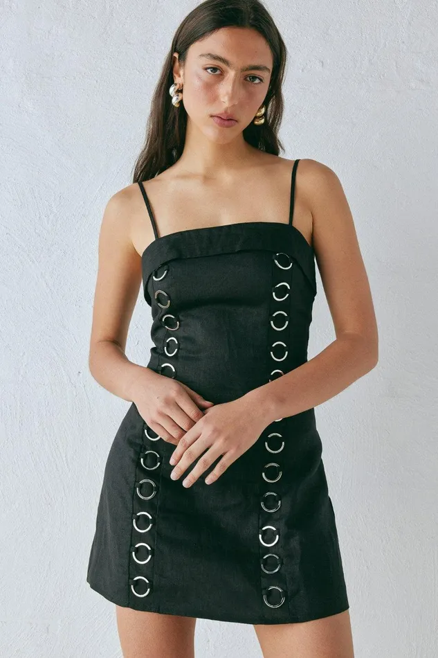 VRG GRL Alessa Linen Mini Dress Black Women Mini Dresses