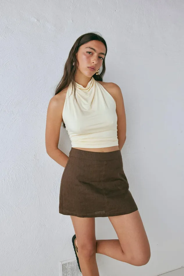 VRG GRL Blanco Linen Mini Skirt Chocolate Women Skirts