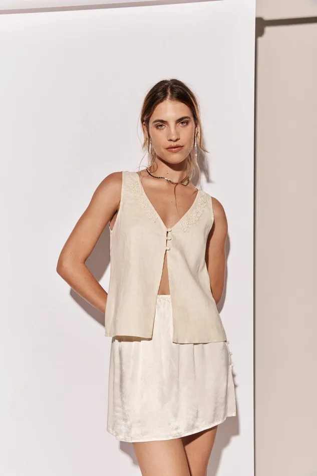 VRG GRL Bordeaux Linen Top Cream Women Sleeveless