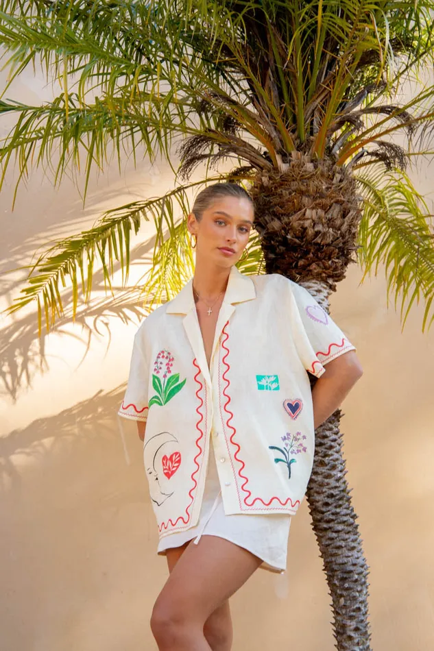 VRG GRL Flora On Film Linen Shirt Cream Women Short Sleeve