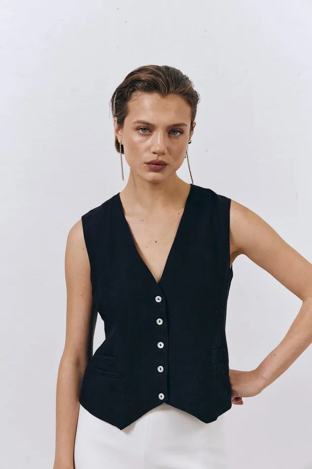 VRG GRL Italian Streets Linen Vest Black Women Vests