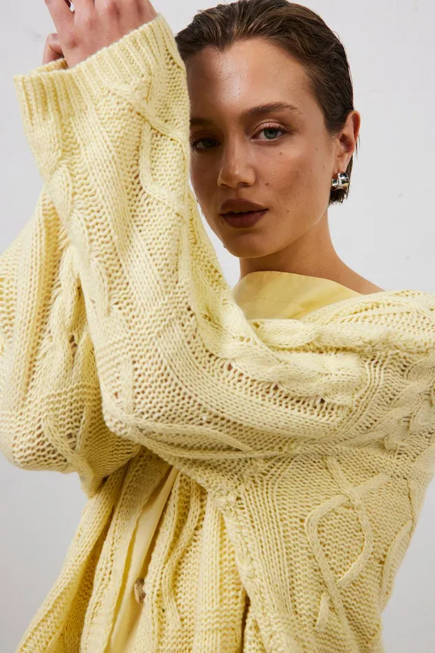VRG GRL Lola Knit Cardigan Lemon Women JumpersSweaters VRG GRL Lola Knit Cardigan Lemon Women JumpersSweaters