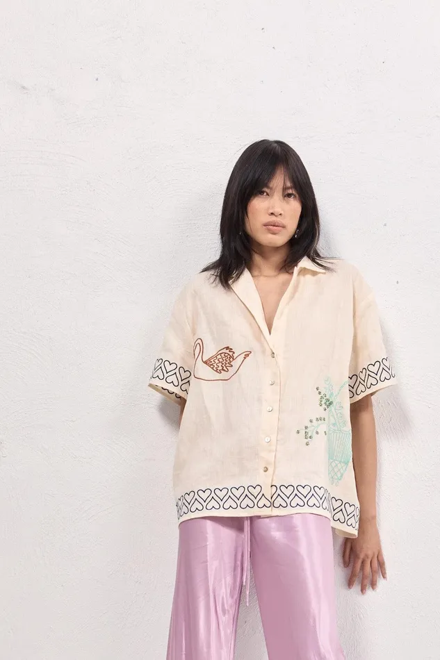 VRG GRL Natalia Linen Shirt Cream Women Short Sleeve