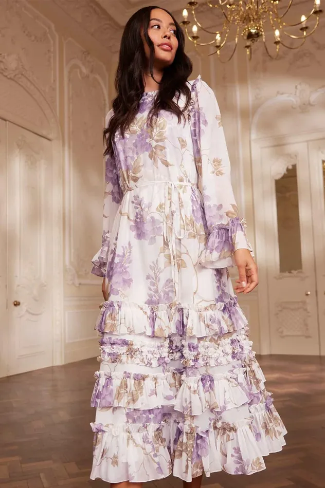 Wisteria Chiffon Round Neck Ankle Gown Multi Women Needle and Thread Dresses
