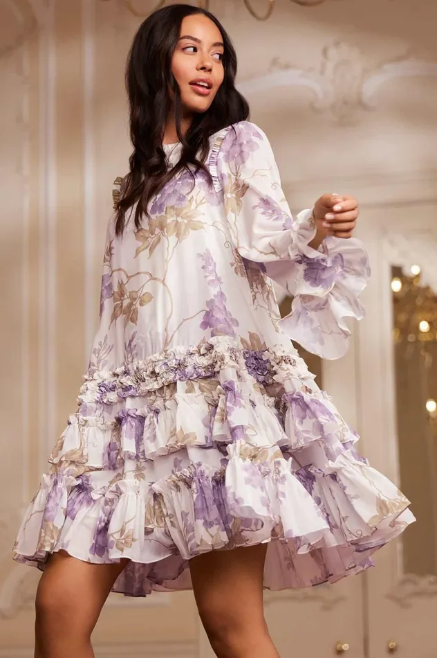 Wisteria Chiffon Round Neck Mini Dress Multi Women Needle and Thread Dresses