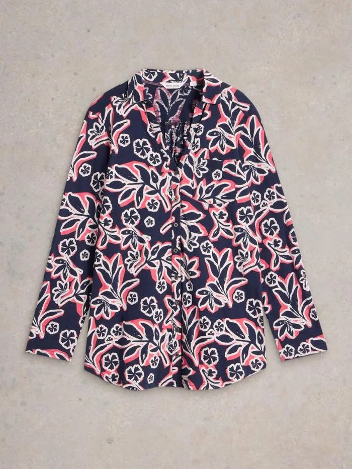 Women ANNIE LONGLINE COLLARED SHIRT Navy Multi White Stuff Shirts and Blouses