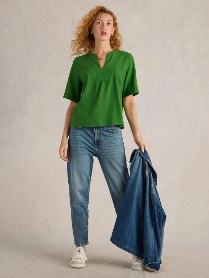 Women Ash Linen Blend Top Mid Green White Stuff Tops and Tees