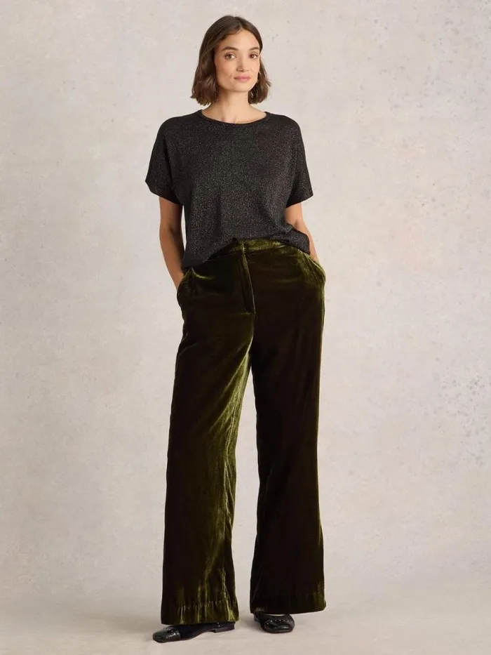 Women Belle Wide Leg Velvet Trouser Khaki Green White Stuff Trousers