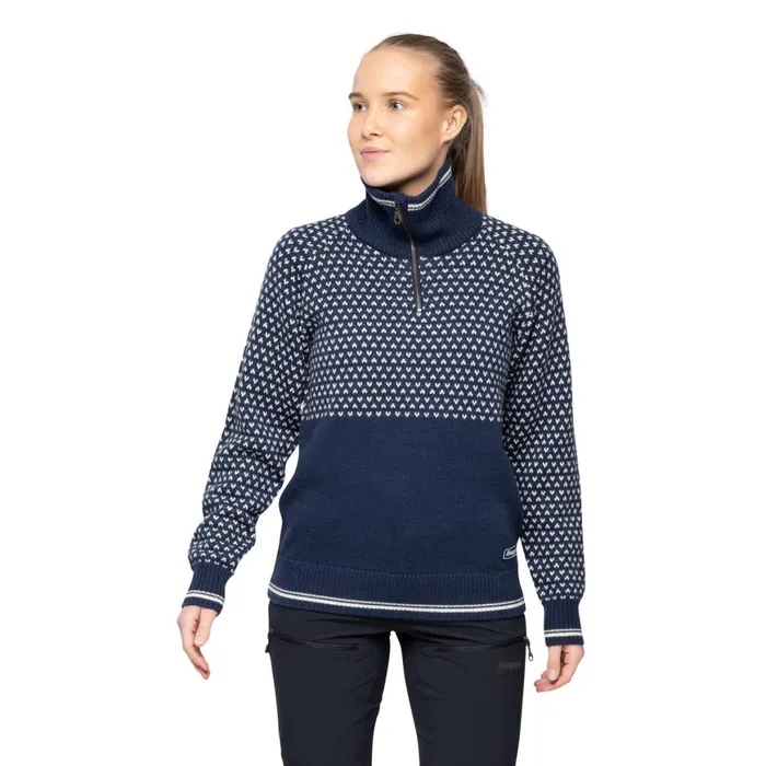 Women Bergans Of Norway Jumpers And Long Sleeves Alvdal Wool W Half Zip Navy Vanilla White Women Bergans Of Norway Jumpers And Long Sleeves Alvdal Wool W Half Zip Navy Vanilla White