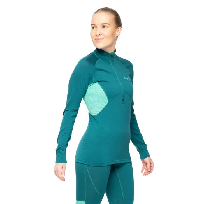 Women Bergans Of Norway Wool Longsleeved Shirts InnerPure Merino Half Zip Malachite Green Light Malachite Green