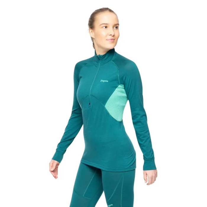 Women Bergans Of Norway Wool Longsleeved Shirts InnerPure Merino Half Zip Malachite Green Light Malachite Green