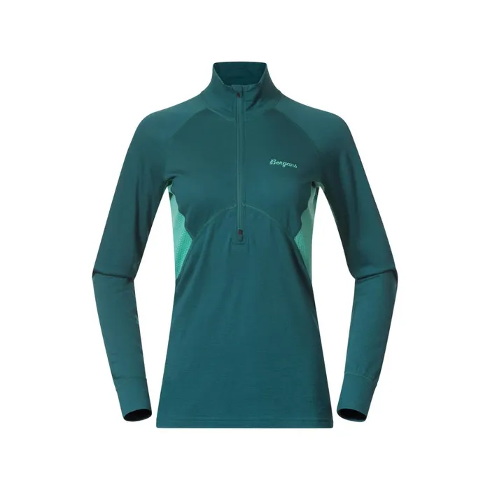 Women Bergans Of Norway Wool Longsleeved Shirts InnerPure Merino Half Zip Malachite Green Light Malachite Green