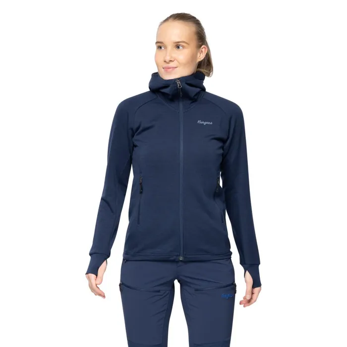 Women Bergans Of Norway Wool Rabot Merino Tech Midlayer Hoodie Navy Blue