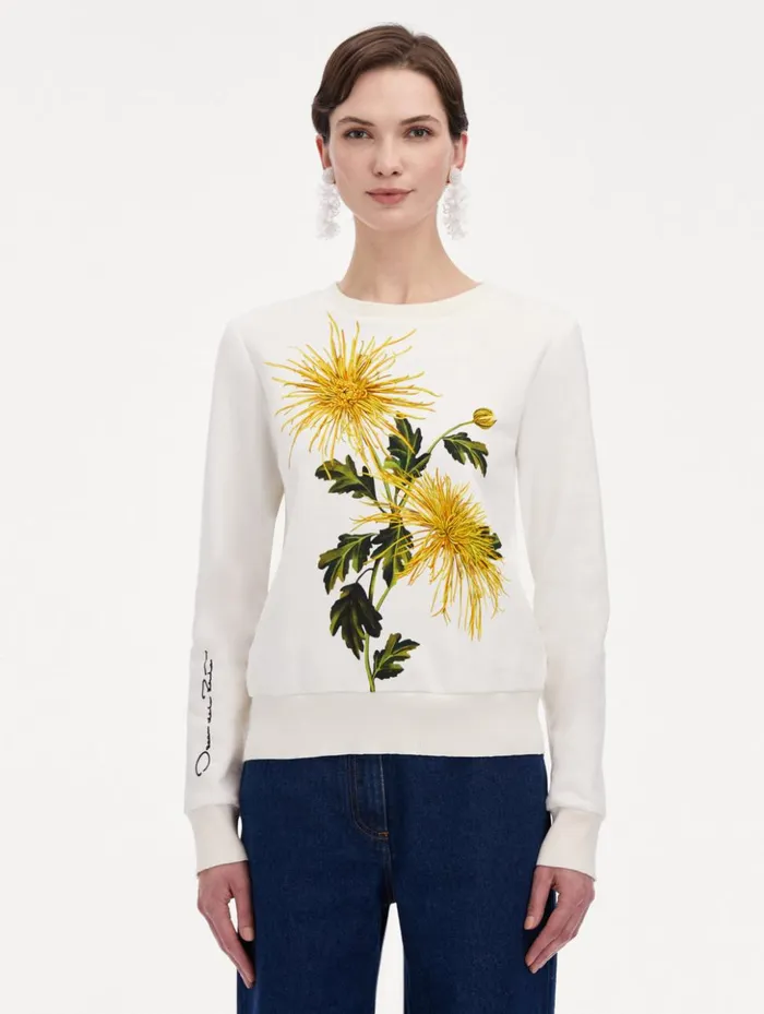 Women Blouses and Knits Oscar De La Renta Chrysanthemum Jersey Pullover Yellow Ivory