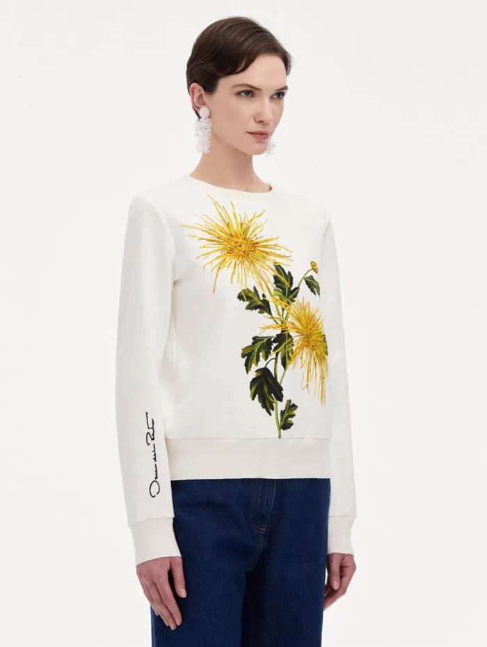 Women Blouses and Knits Oscar De La Renta Chrysanthemum Jersey Pullover Yellow Ivory