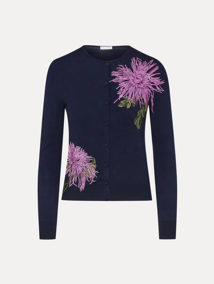 Women Blouses and Knits Oscar De La Renta Chrysanthemum Threadwork Cardigan Navy