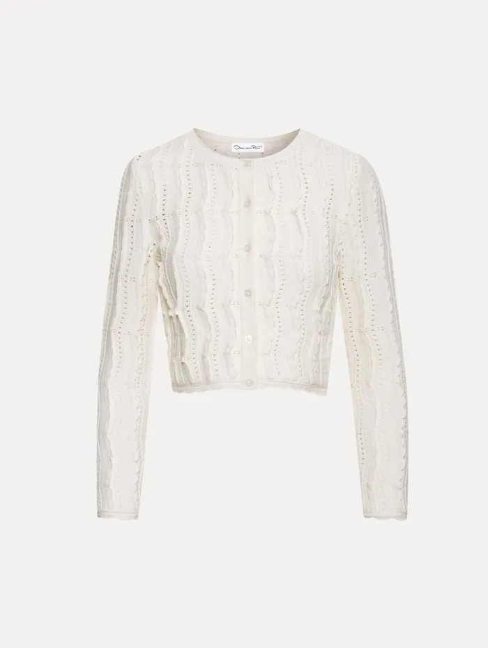 Women Blouses and Knits Oscar De La Renta Cropped Wave Knit Cardigan Ivory
