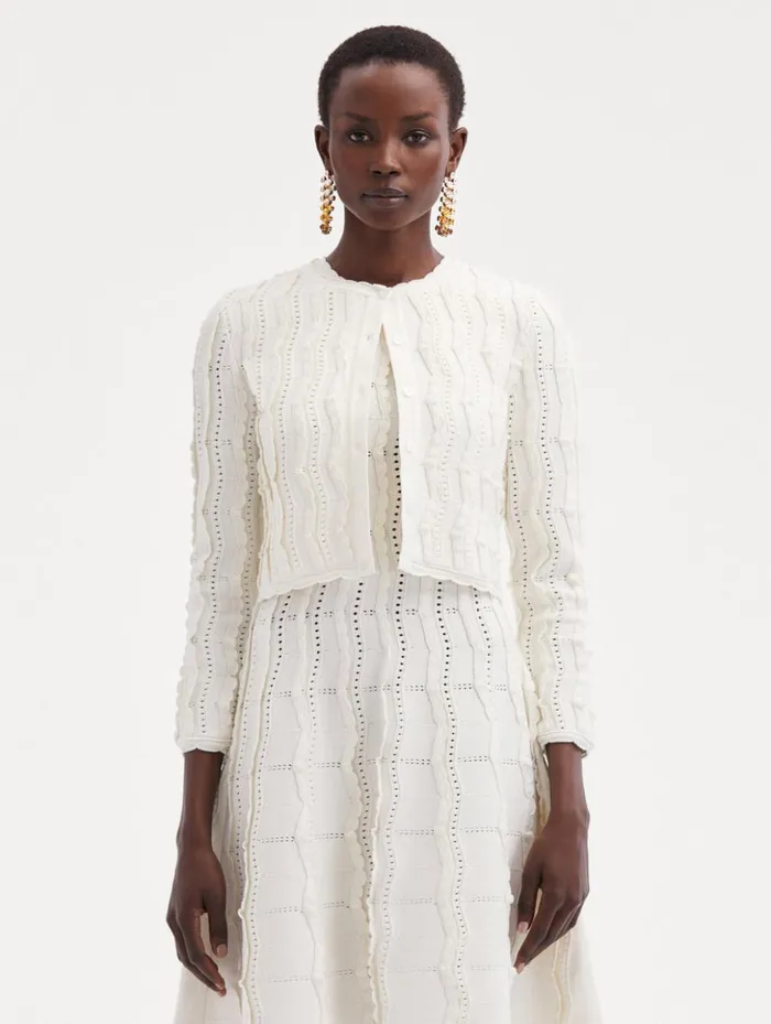 Women Blouses and Knits Oscar De La Renta Cropped Wave Knit Cardigan Ivory Women Blouses and Knits Oscar De La Renta Cropped Wave Knit Cardigan Ivory