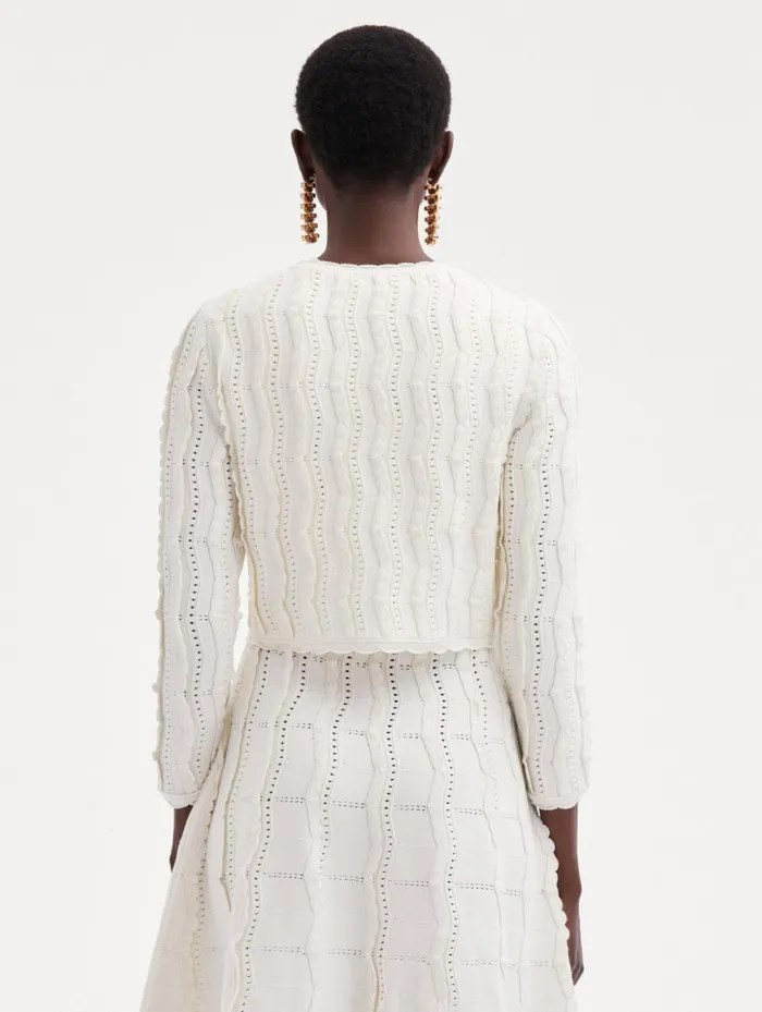 Women Blouses and Knits Oscar De La Renta Cropped Wave Knit Cardigan Ivory Women Blouses and Knits Oscar De La Renta Cropped Wave Knit Cardigan Ivory