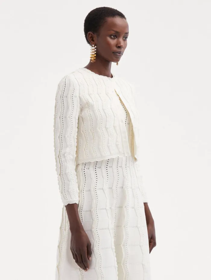 Women Blouses and Knits Oscar De La Renta Cropped Wave Knit Cardigan Ivory Women Blouses and Knits Oscar De La Renta Cropped Wave Knit Cardigan Ivory