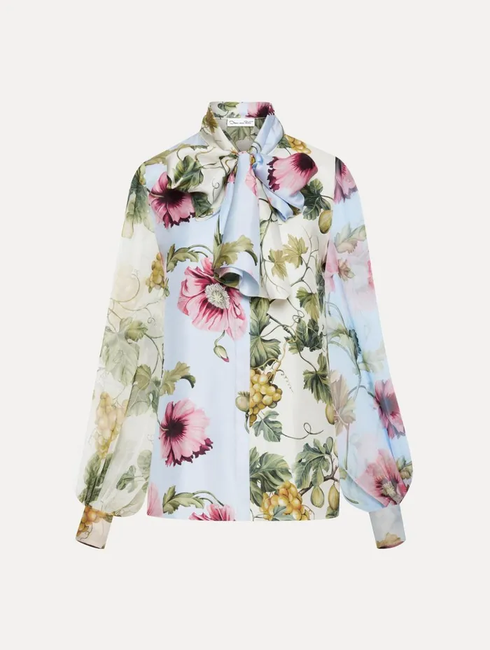 Women Blouses and Knits Oscar De La Renta Fig and Grapes Silk Chiffon Blouse Multi