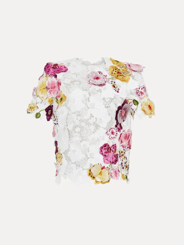 Women Blouses and Knits Oscar De La Renta Orchid Embroidered Guipure Blouse White