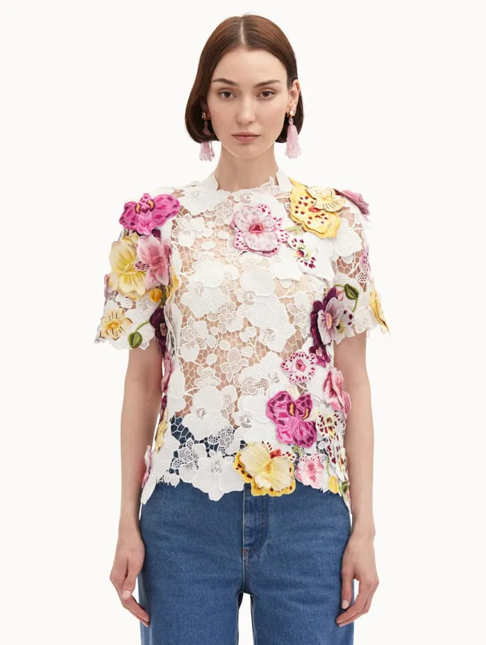 Women Blouses and Knits Oscar De La Renta Orchid Embroidered Guipure Blouse White