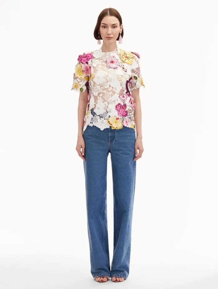 Women Blouses and Knits Oscar De La Renta Orchid Embroidered Guipure Blouse White
