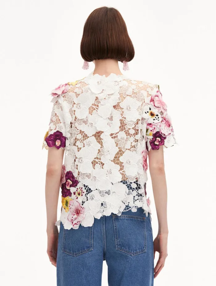 Women Blouses and Knits Oscar De La Renta Orchid Embroidered Guipure Blouse White