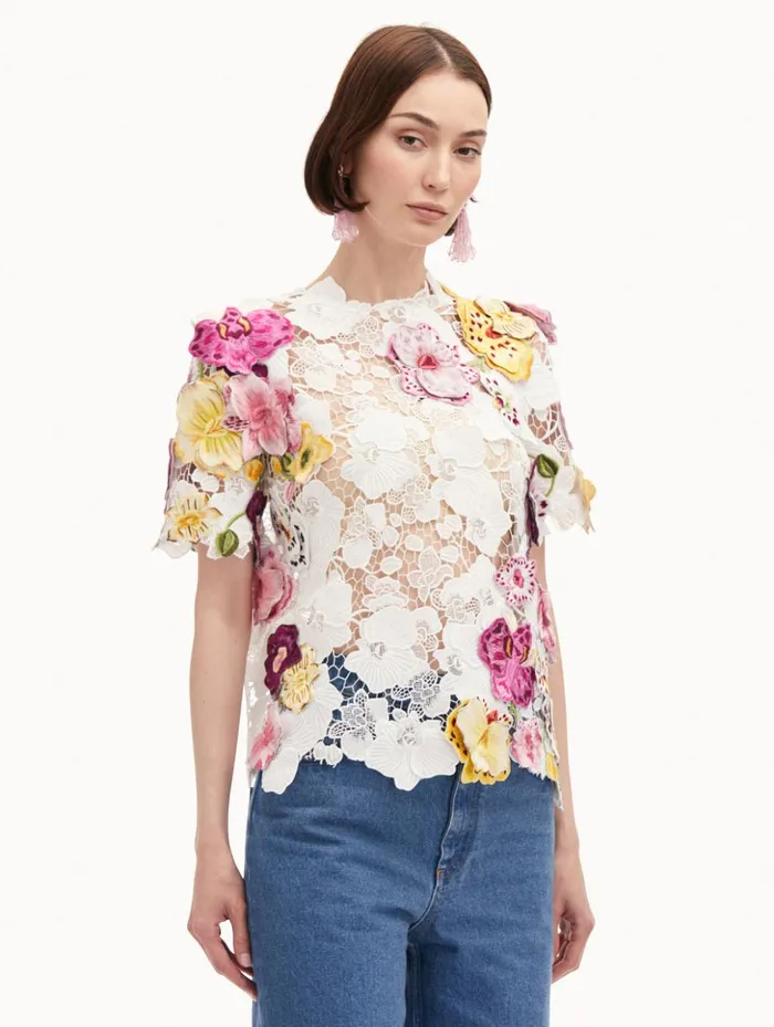 Women Blouses and Knits Oscar De La Renta Orchid Embroidered Guipure Blouse White