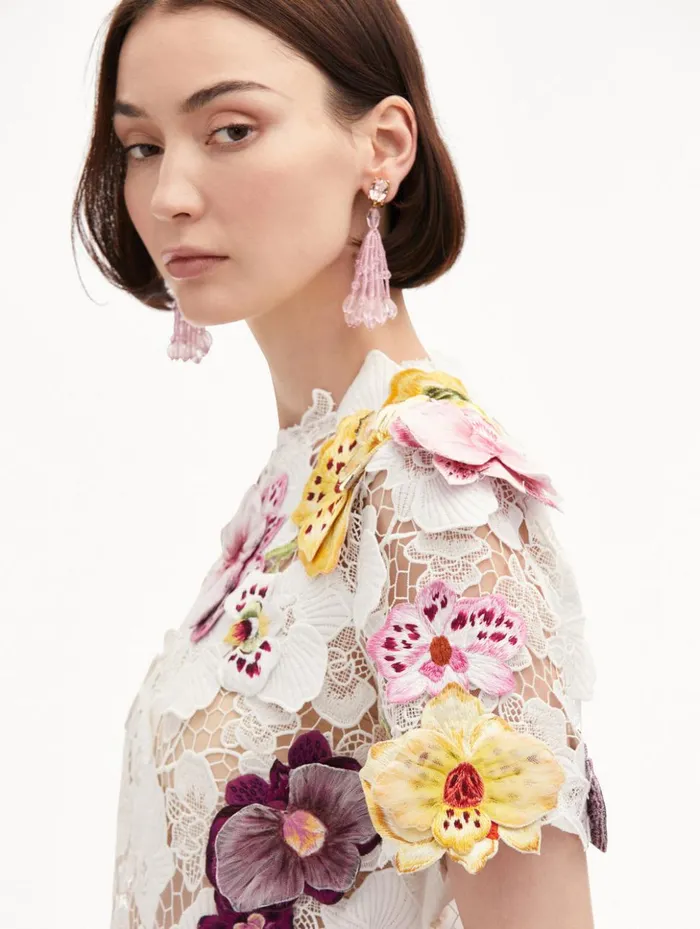Women Blouses and Knits Oscar De La Renta Orchid Embroidered Guipure Blouse White