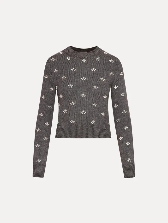 Women Blouses and Knits Oscar De La Renta Pearl Cabochon Pullover Charcoal