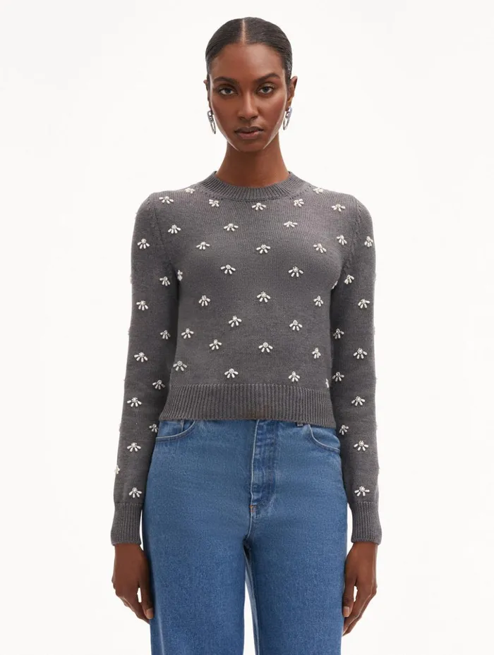 Women Blouses and Knits Oscar De La Renta Pearl Cabochon Pullover Charcoal Women Blouses and Knits Oscar De La Renta Pearl Cabochon Pullover Charcoal