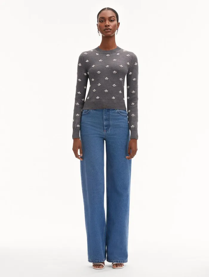 Women Blouses and Knits Oscar De La Renta Pearl Cabochon Pullover Charcoal Women Blouses and Knits Oscar De La Renta Pearl Cabochon Pullover Charcoal