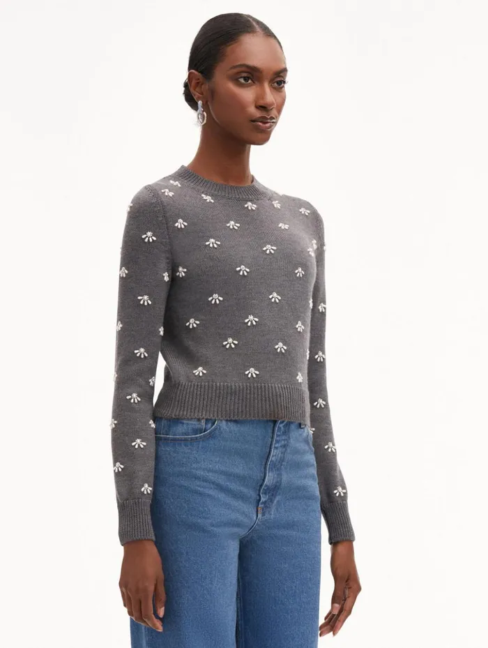 Women Blouses and Knits Oscar De La Renta Pearl Cabochon Pullover Charcoal Women Blouses and Knits Oscar De La Renta Pearl Cabochon Pullover Charcoal