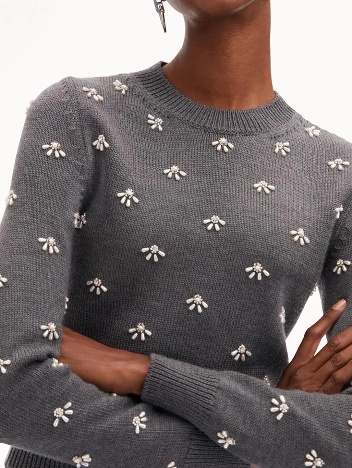 Women Blouses and Knits Oscar De La Renta Pearl Cabochon Pullover Charcoal Women Blouses and Knits Oscar De La Renta Pearl Cabochon Pullover Charcoal