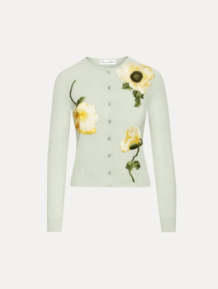 Women Blouses and Knits Oscar De La Renta Poppy Threadwork Cardigan Sage Yellow