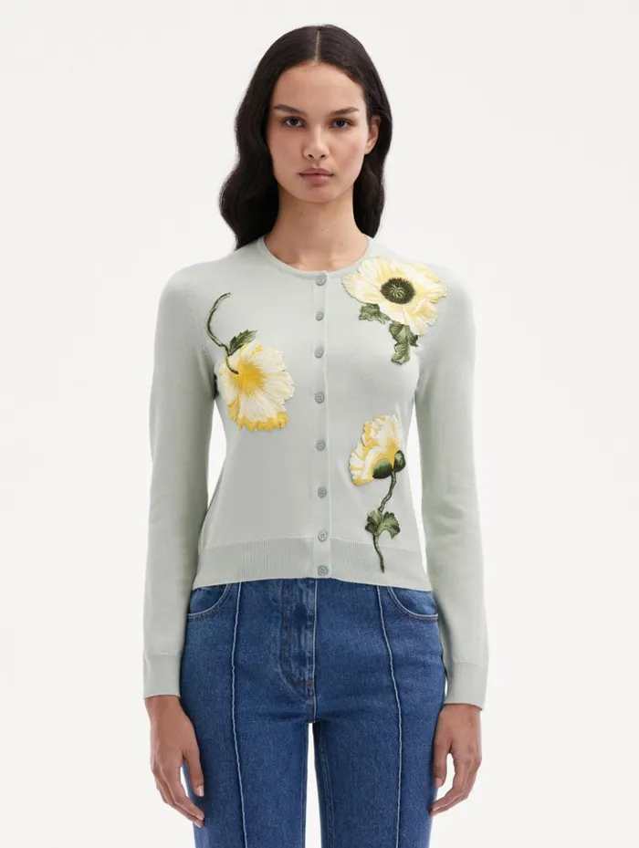Women Blouses and Knits Oscar De La Renta Poppy Threadwork Cardigan Sage Yellow Women Blouses and Knits Oscar De La Renta Poppy Threadwork Cardigan Sage Yellow
