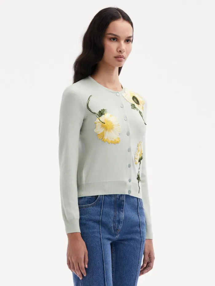 Women Blouses and Knits Oscar De La Renta Poppy Threadwork Cardigan Sage Yellow Women Blouses and Knits Oscar De La Renta Poppy Threadwork Cardigan Sage Yellow