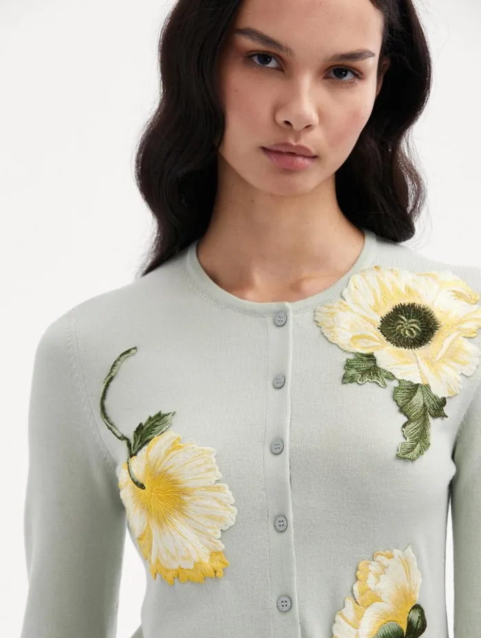 Women Blouses and Knits Oscar De La Renta Poppy Threadwork Cardigan Sage Yellow Women Blouses and Knits Oscar De La Renta Poppy Threadwork Cardigan Sage Yellow