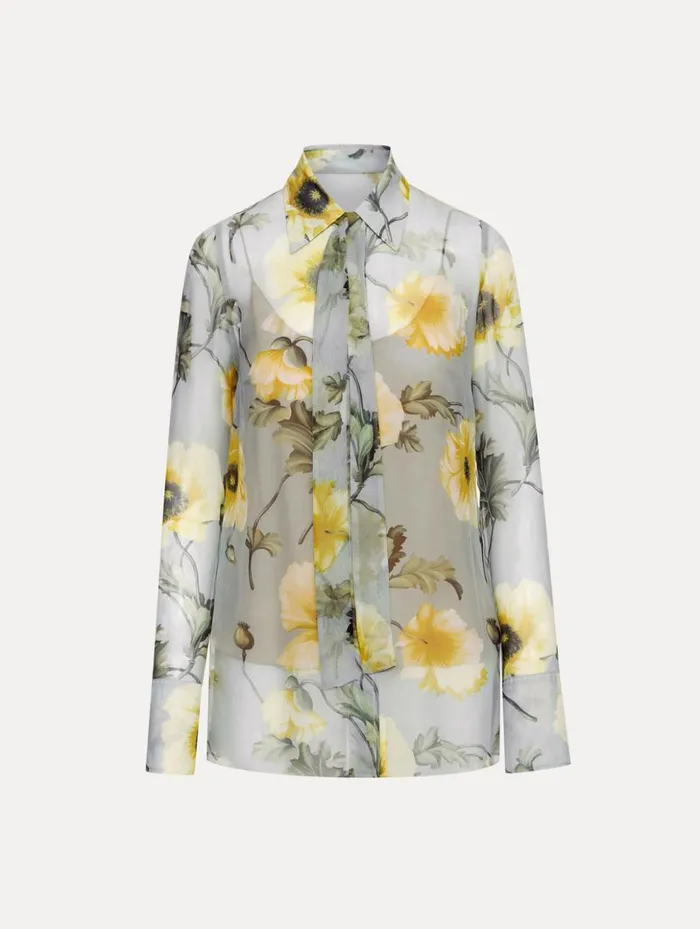 Women Blouses and Knits Oscar De La Renta Poppy TieNeck Chiffon Blouse Sage Yellow