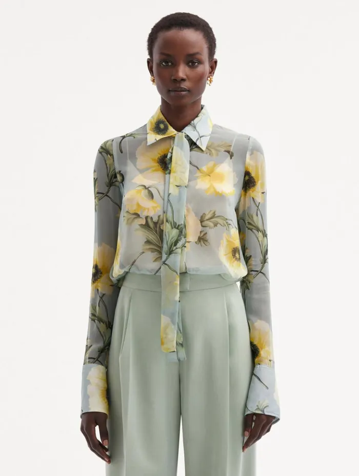 Women Blouses and Knits Oscar De La Renta Poppy TieNeck Chiffon Blouse Sage Yellow Women Blouses and Knits Oscar De La Renta Poppy TieNeck Chiffon Blouse Sage Yellow