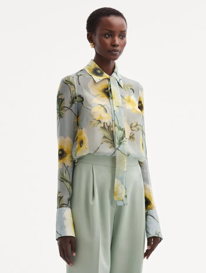 Women Blouses and Knits Oscar De La Renta Poppy TieNeck Chiffon Blouse Sage Yellow Women Blouses and Knits Oscar De La Renta Poppy TieNeck Chiffon Blouse Sage Yellow