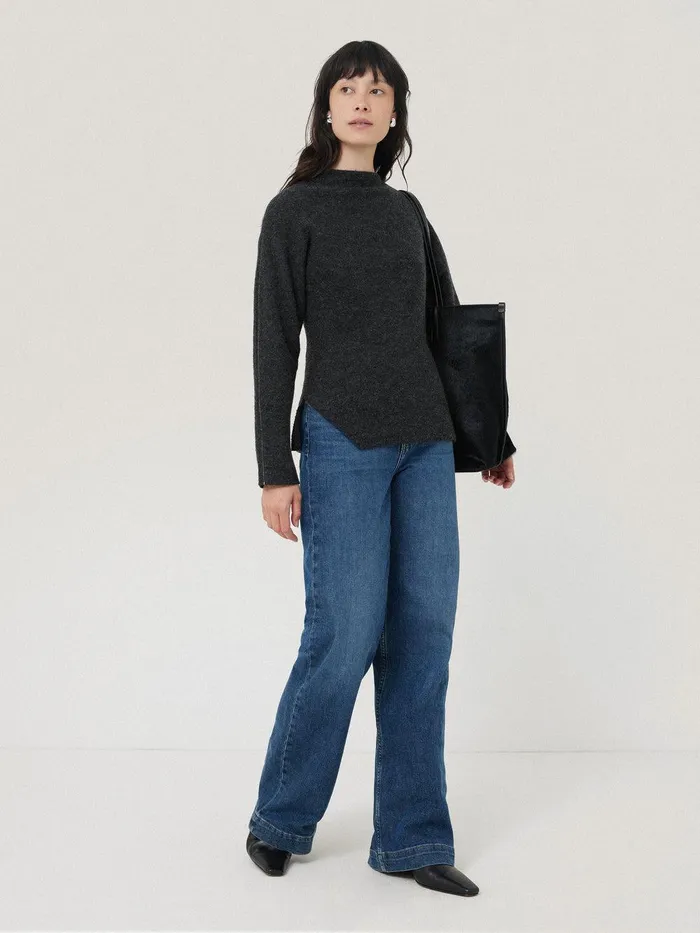Women Boiled Wool Blend Batwing Top Dark Grey Jigsaw Coords