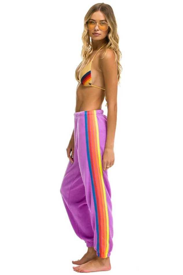Women Bottoms Aviator Nation 5 STRIPE SWEATPANTS 8211 NEON PURPLE NEON RAINBOW