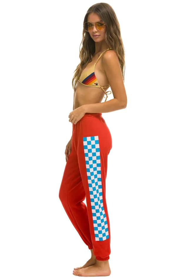 Women Bottoms Aviator Nation CHECK LEG SWEATPANTS 8211 RED WHITE BLUE