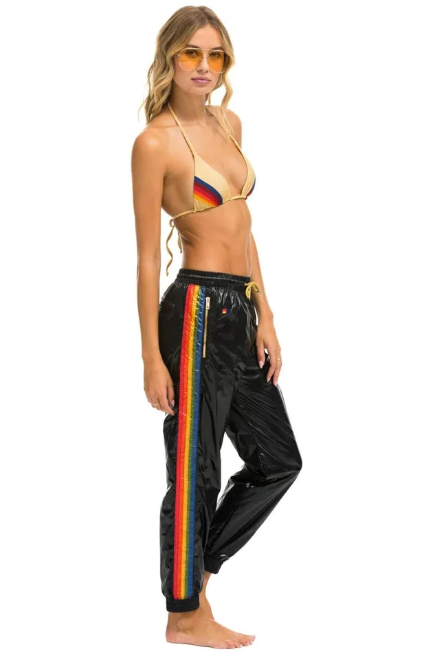 Women Bottoms Aviator Nation WOMEN039S 5 STRIPE WIND PANTt BLACK GLOSSY