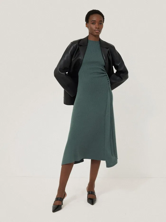 Women Braided Knit Dress Blue Jigsaw Dresses and Jumpsuits